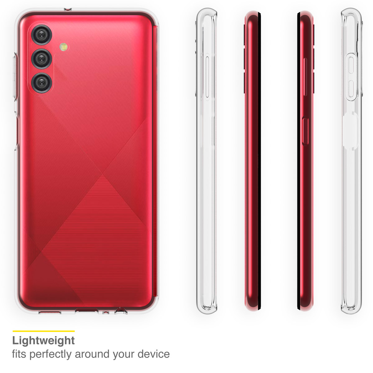 Rode telefoonhoes, zijkant- en achteraanzicht. De telefoonhoes is transparant. De achterkant toont een rood toestel.