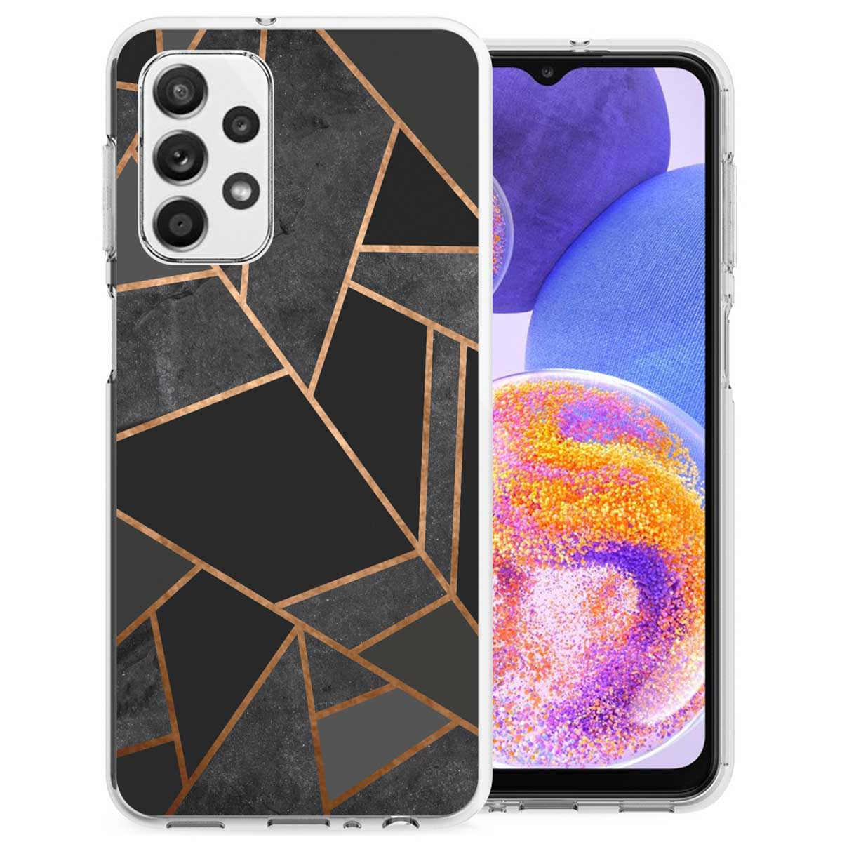 Coque de téléphone avec motif géométrique noir, gris et or sur fond blanc.
