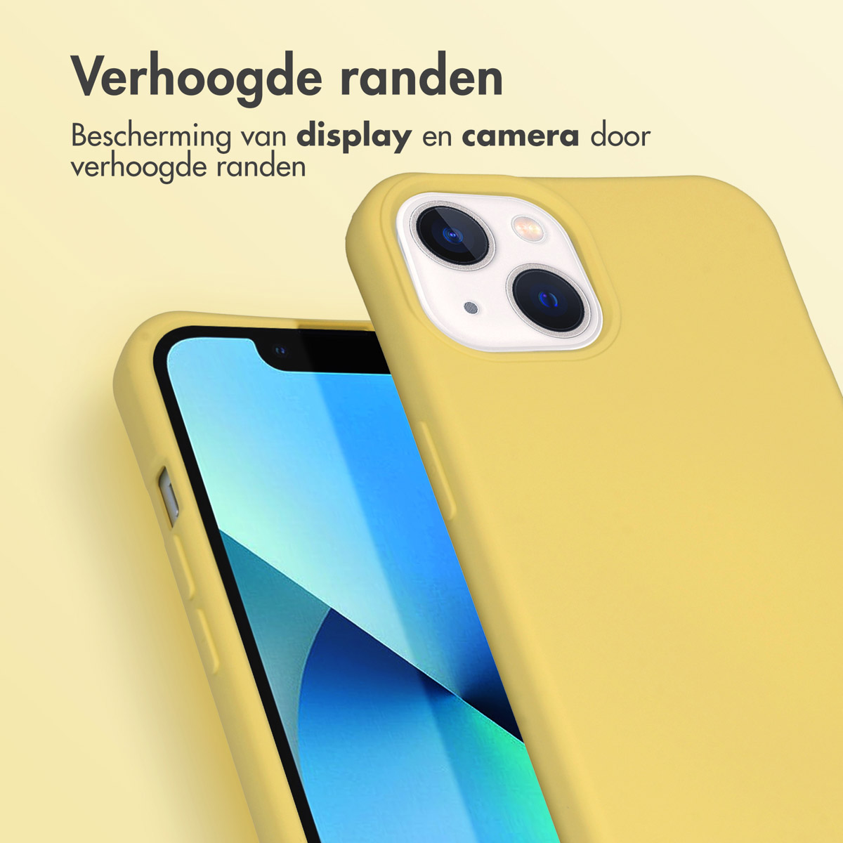 Gelbe Handyhülle auf einem Telefon mit blauem Bildschirm. Text hebt erhöhte Ränder hervor.