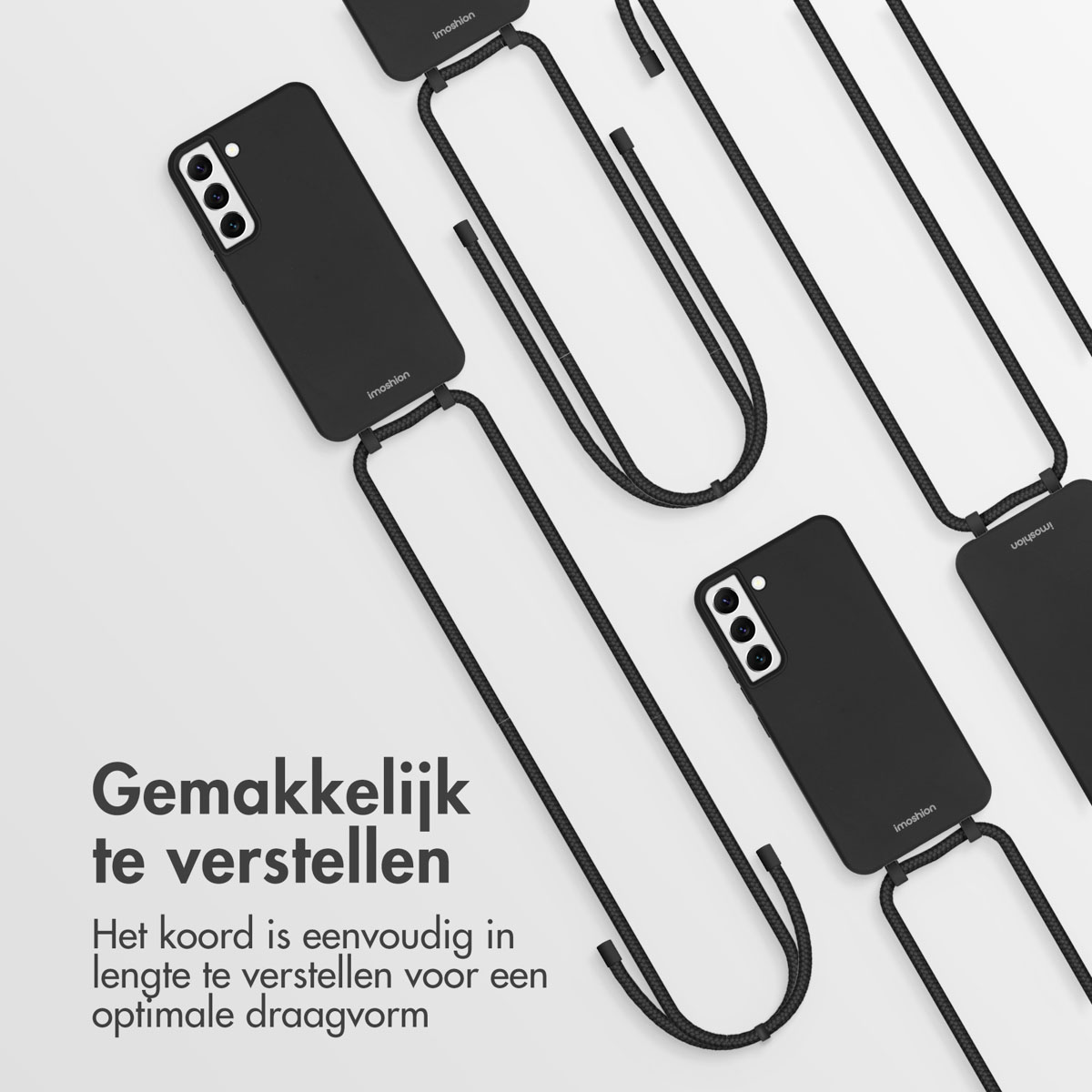 Meerdere zwarte telefoonhoesjes met het koord bevestigd. Tekst: Gemakkelijk aan te passen. Het koord is gemakkelijk aan te passen.