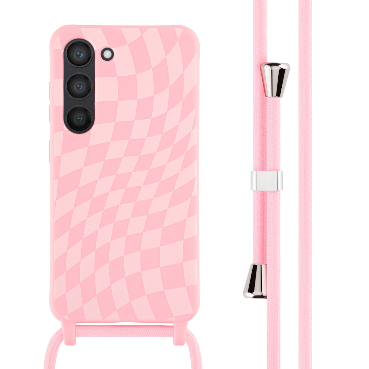 Roze telefoonhoes met dambordpatroon. Telefoon verbonden met een roze koord. Witte achtergrond.