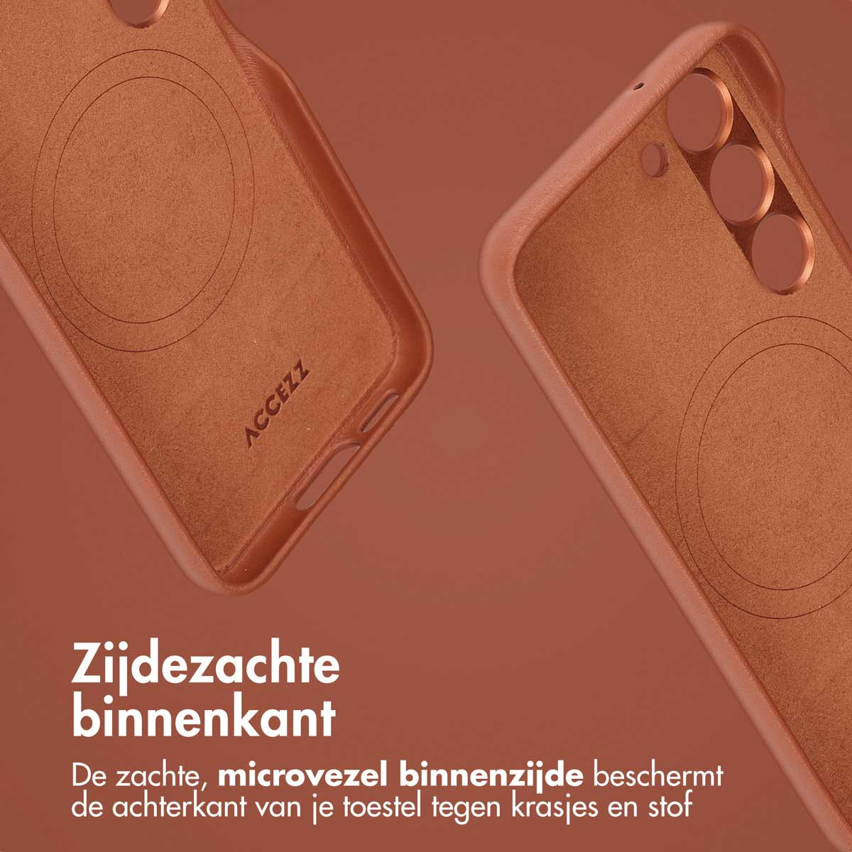 Coque de téléphone marron. Montre l'intérieur avec une doublure douce et lisse.