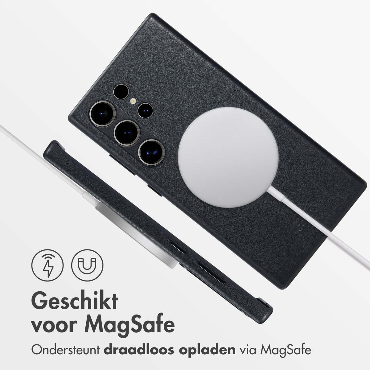 Zwarte telefoon met MagSafe oplader en kabel. Geschikt voor MagSafe.