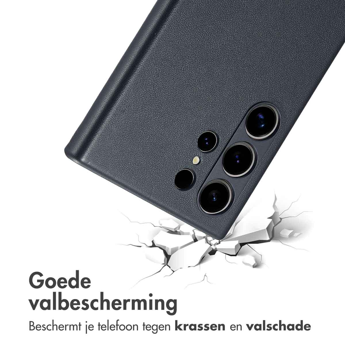 Donkergrijs toestel met camera's op gebroken witte grond.