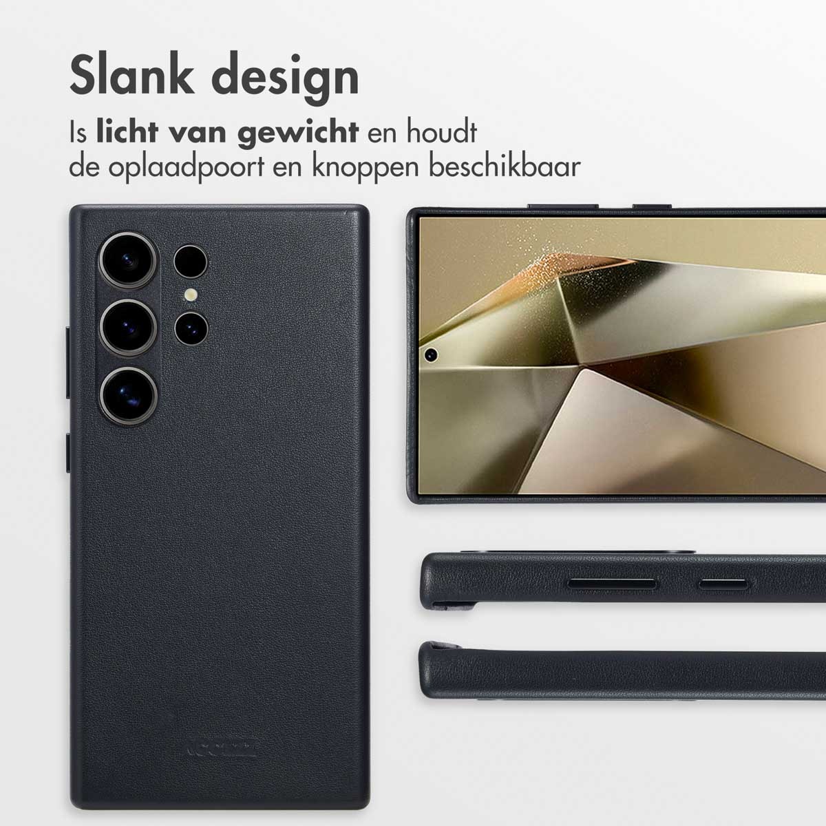 Zwarte telefoonhoes met een slank ontwerp en een telefoon waarvan het scherm zichtbaar is.