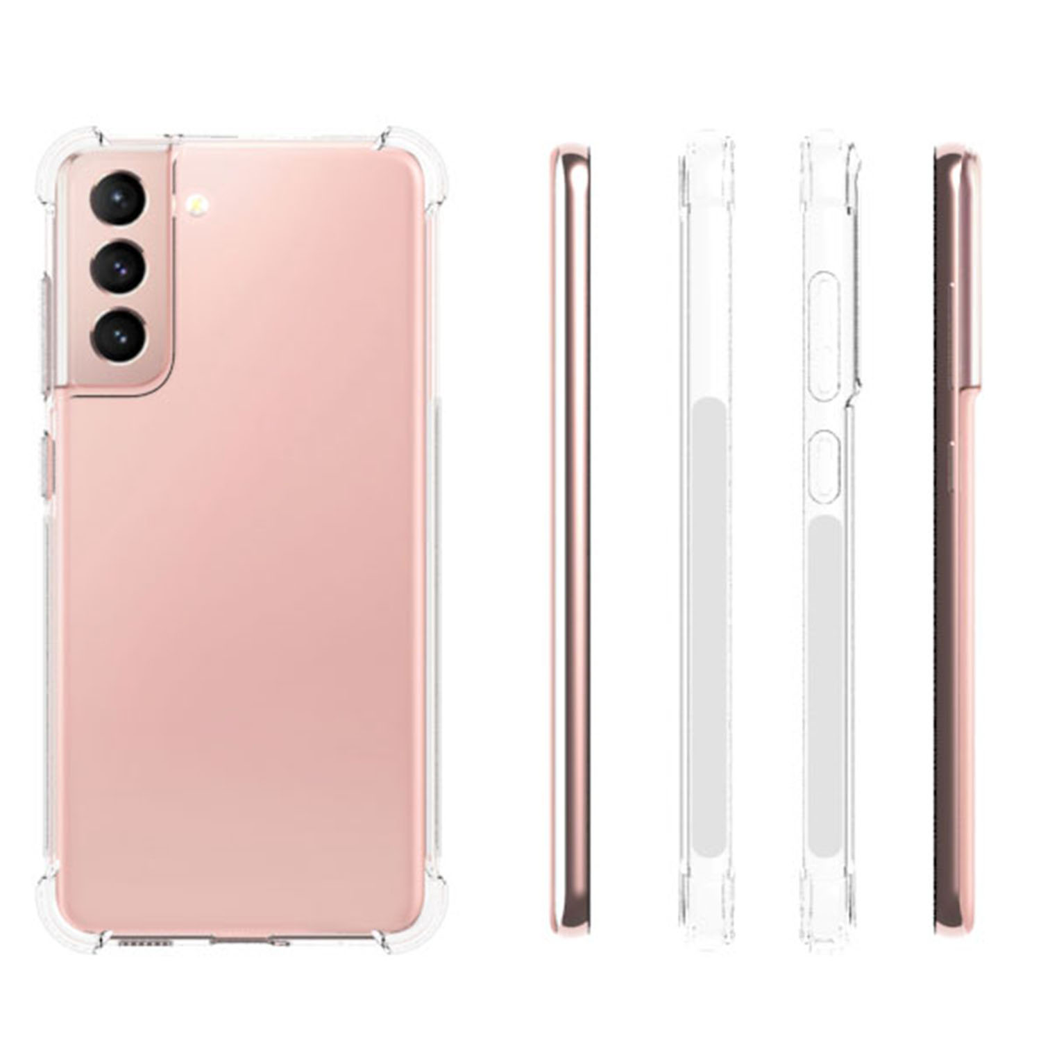 Smartphone rose dans une coque de protection transparente sous plusieurs angles.