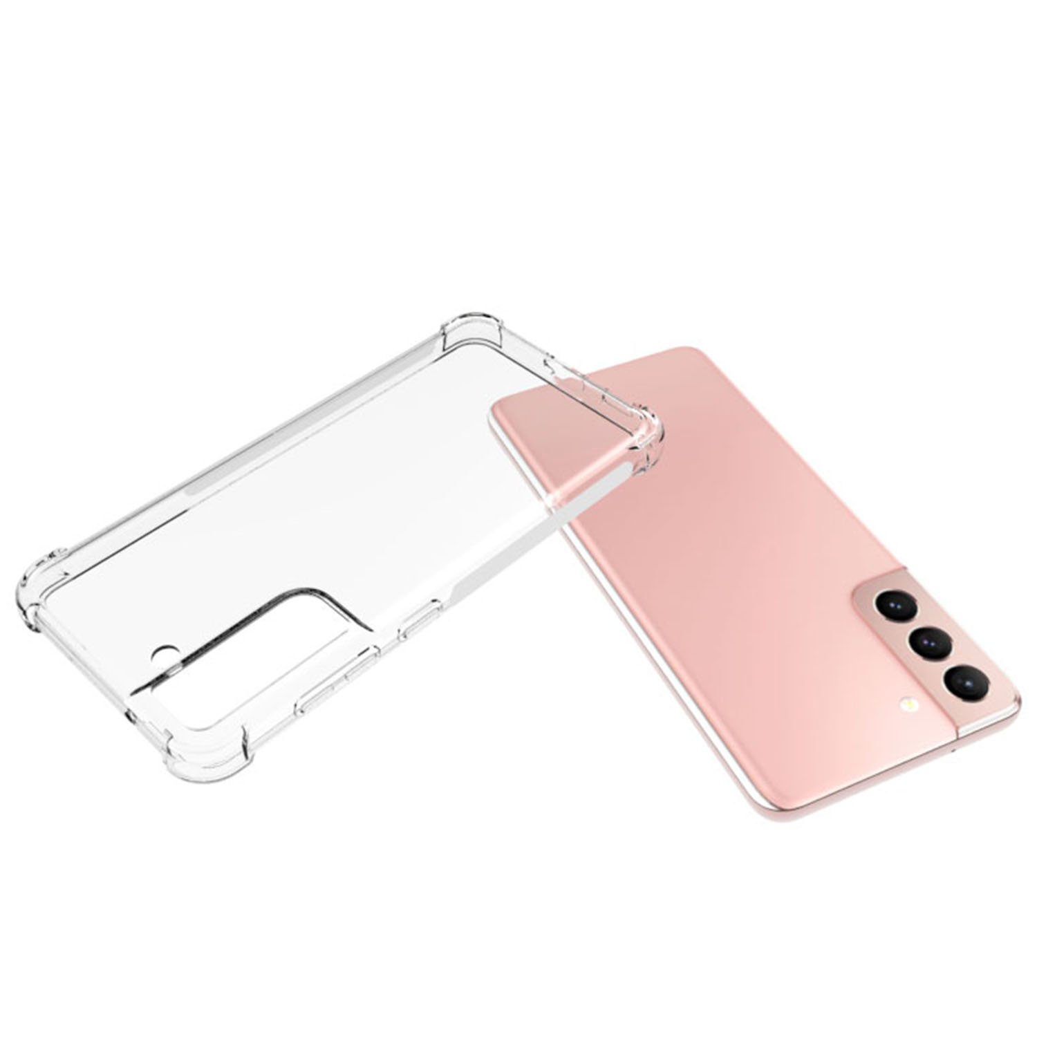 Een doorzichtige telefoonhoes naast een roze smartphone met drie cameralenzen.