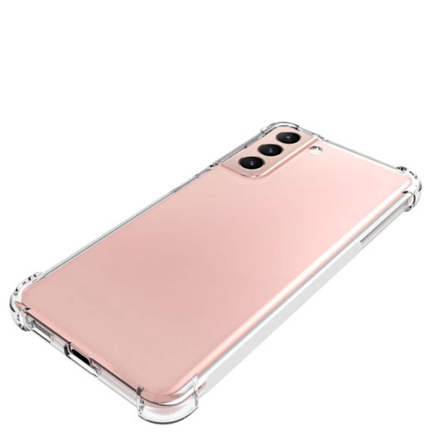Een roze smartphone in een doorzichtige beschermhoes, geïsoleerd op witte achtergrond.