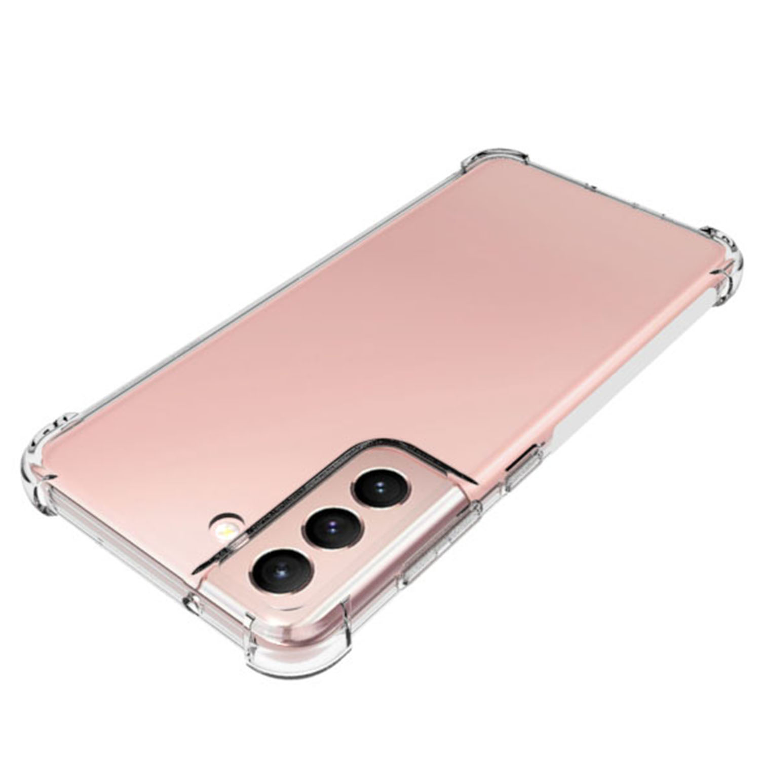 Roségouden smartphone in een doorzichtige beschermhoes. Drie camera's zichtbaar.
