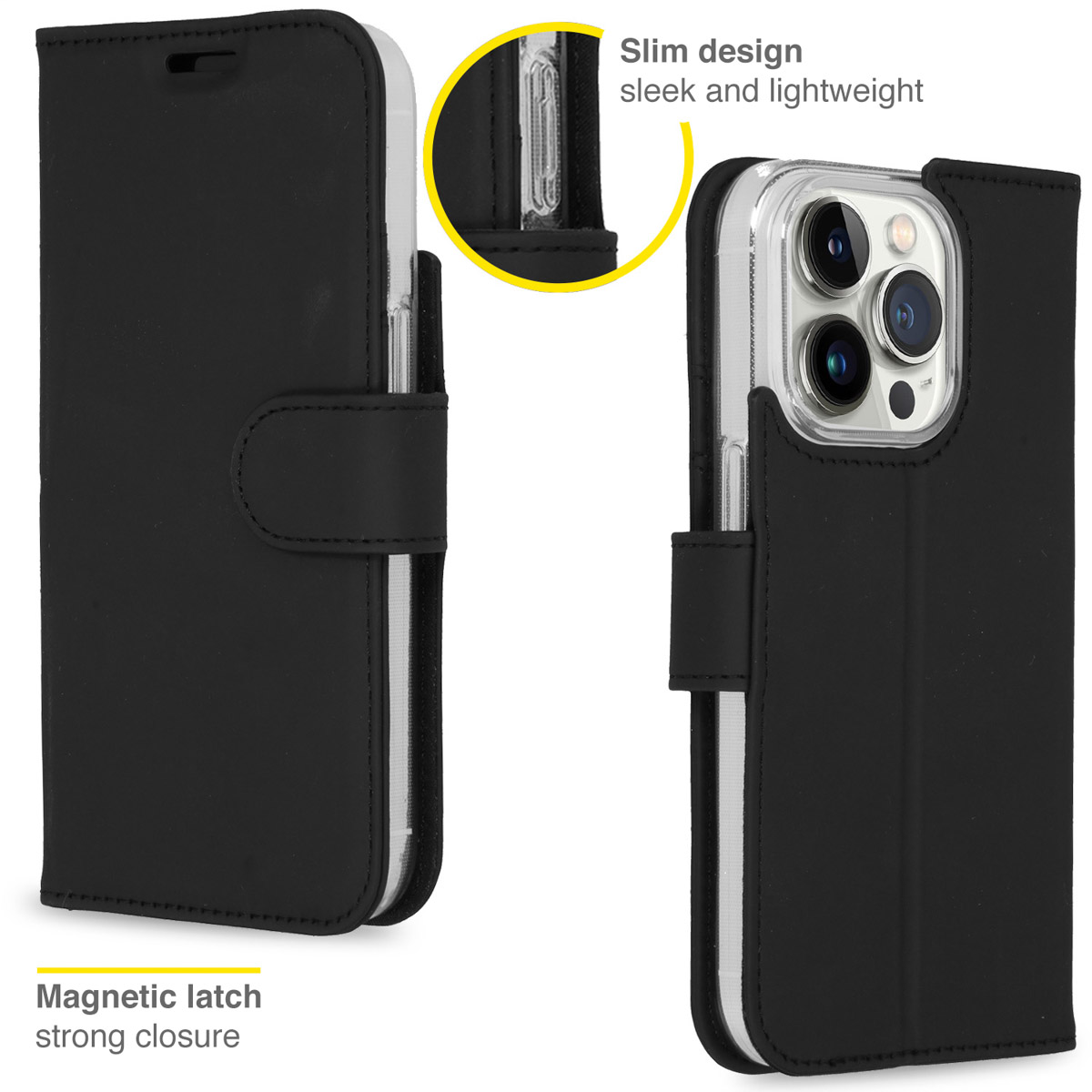 Zwarte telefoonhoes. Met magnetische sluiting en slank ontwerp. Telefoon is zichtbaar.
