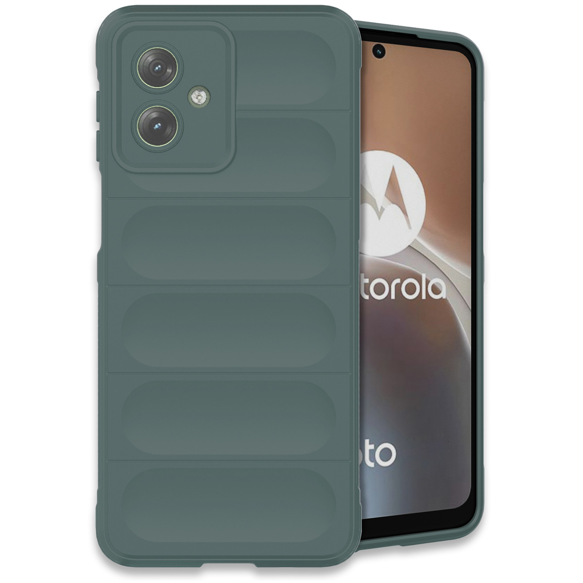 Blauwgroene telefoonhoes op een telefoon, die de achterkant bedekt. De hoes heeft een uniek ontwerp.