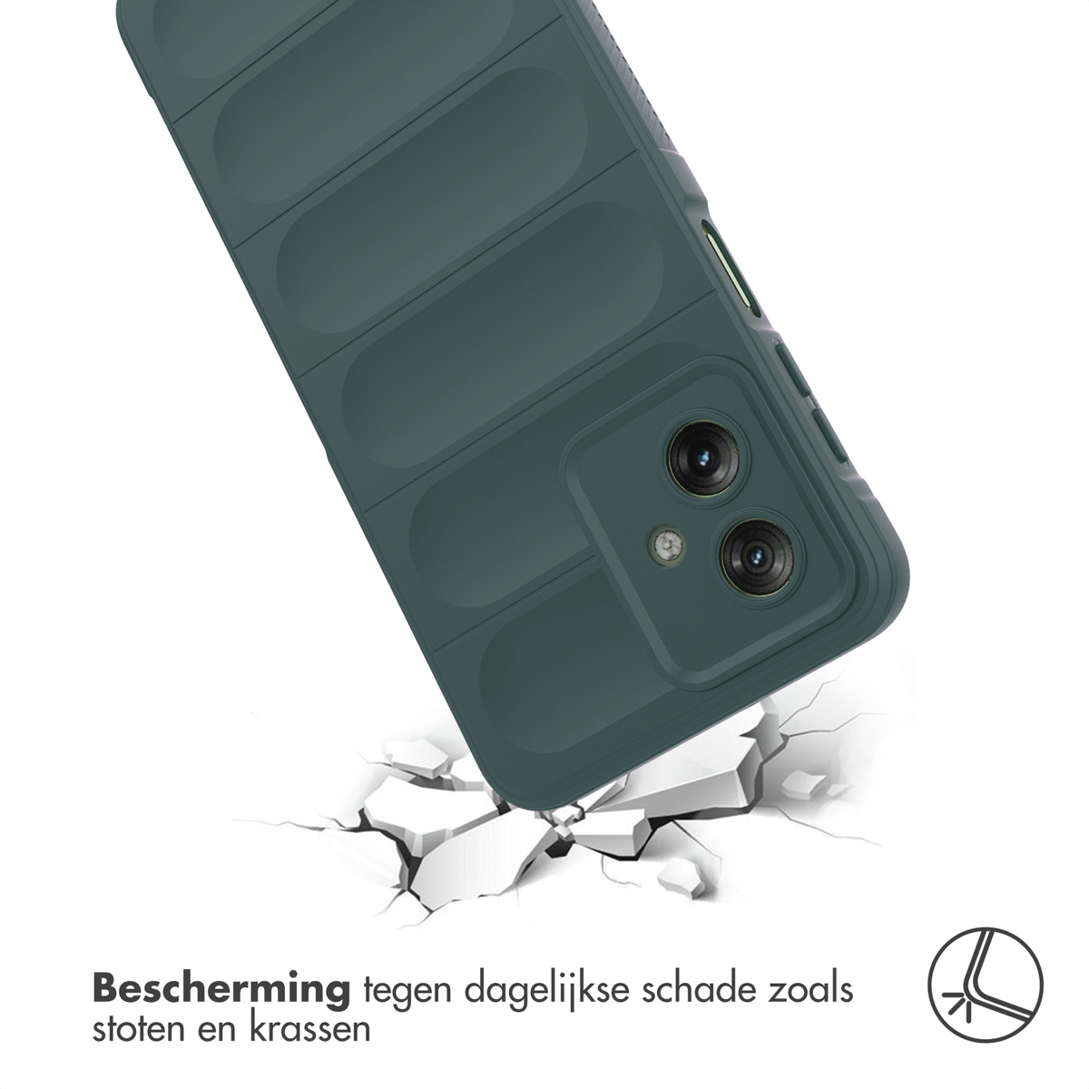 Groene telefoonhoes met val effect. De hoes valt, en het oppervlak scheurt.