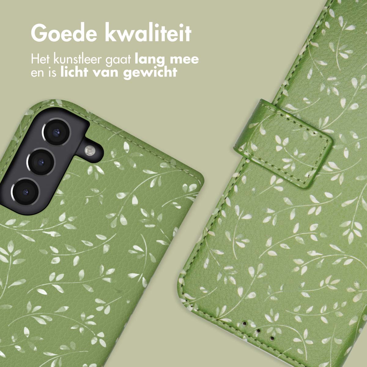 Groene telefoonhoes met bladerpatroon, camerahoes en sluiting.