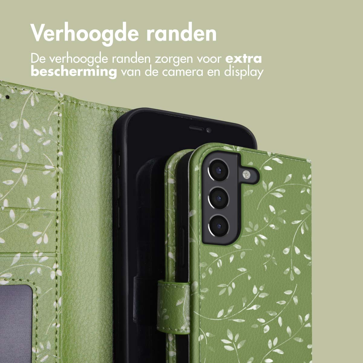 Groene telefoonhoes met bladerpatroon en verhoogde randen voor camera en display.