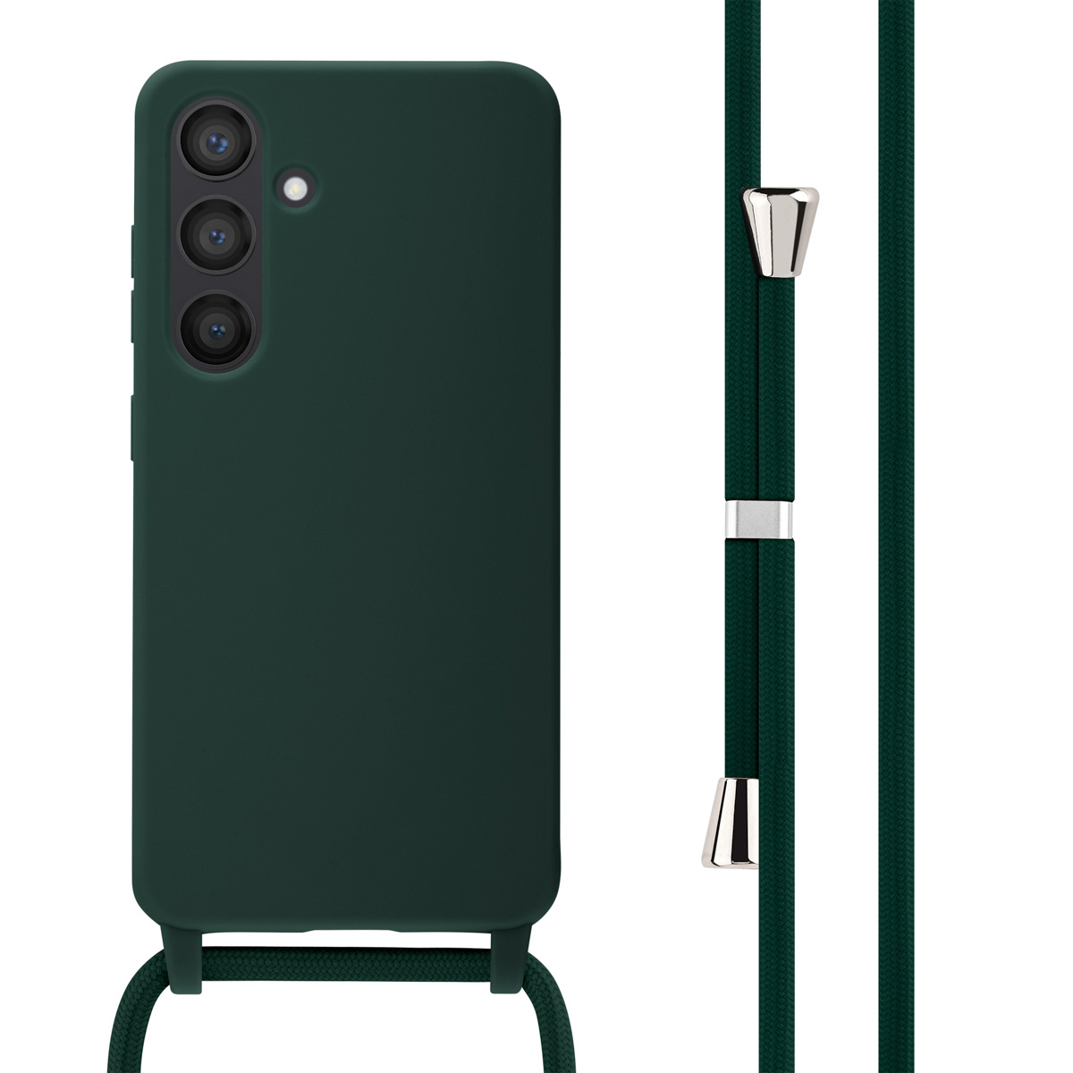 Een donkergroene telefoonhoes met een groene lanyard bevestigd, met zilveren accenten op de lanyard.