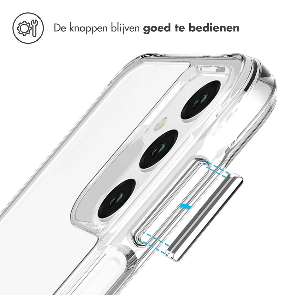 Gros plan d'une coque de téléphone transparente, montrant la caméra et les boutons.