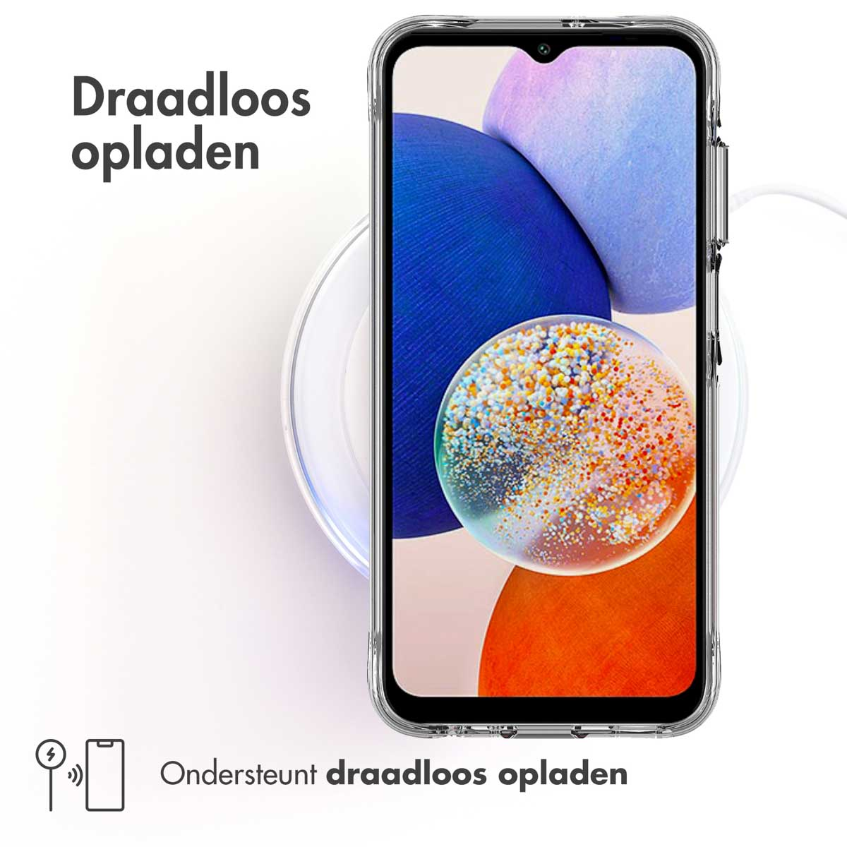 Téléphone sur chargeur sans fil, dans coque transparente. Écran affiche image colorée.