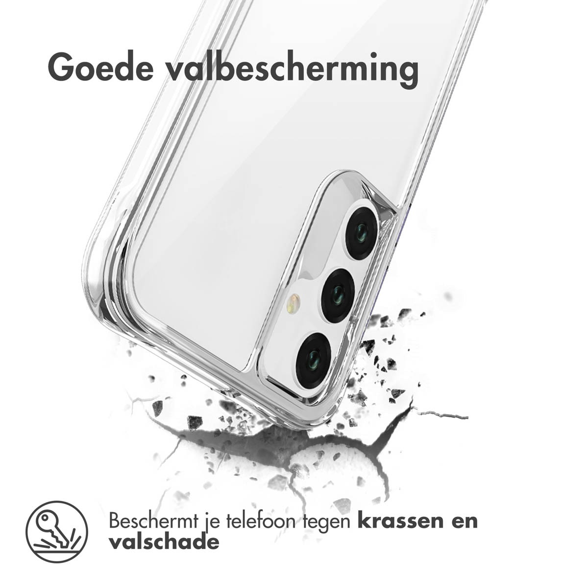Coque de téléphone transparente. Le téléphone tombe et le sol se fissure. La coque protège contre les rayures et les dommages.