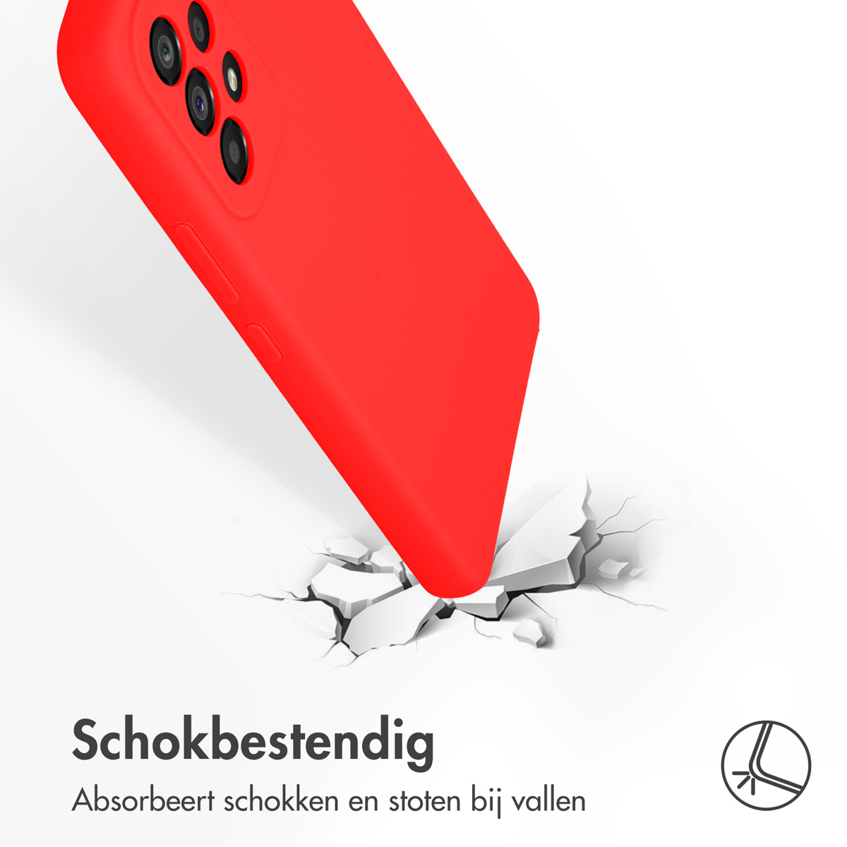 Rote Handyhülle. Das Telefon fällt und der Boden bricht. Die Hülle besteht aus stoßfestem Material.