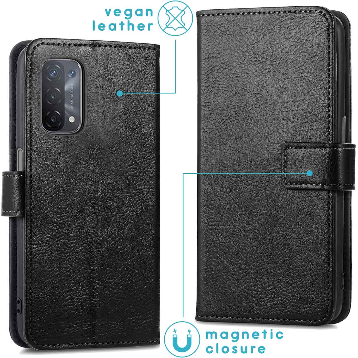Zwarte vegan leren telefoonhoes, open om interieur en magneetsluiting te tonen.