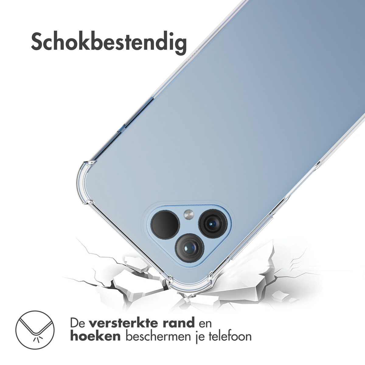 Transparente Handyhülle mit Telefon darin. Die Handyhülle bricht beim Fallen den Boden auf.