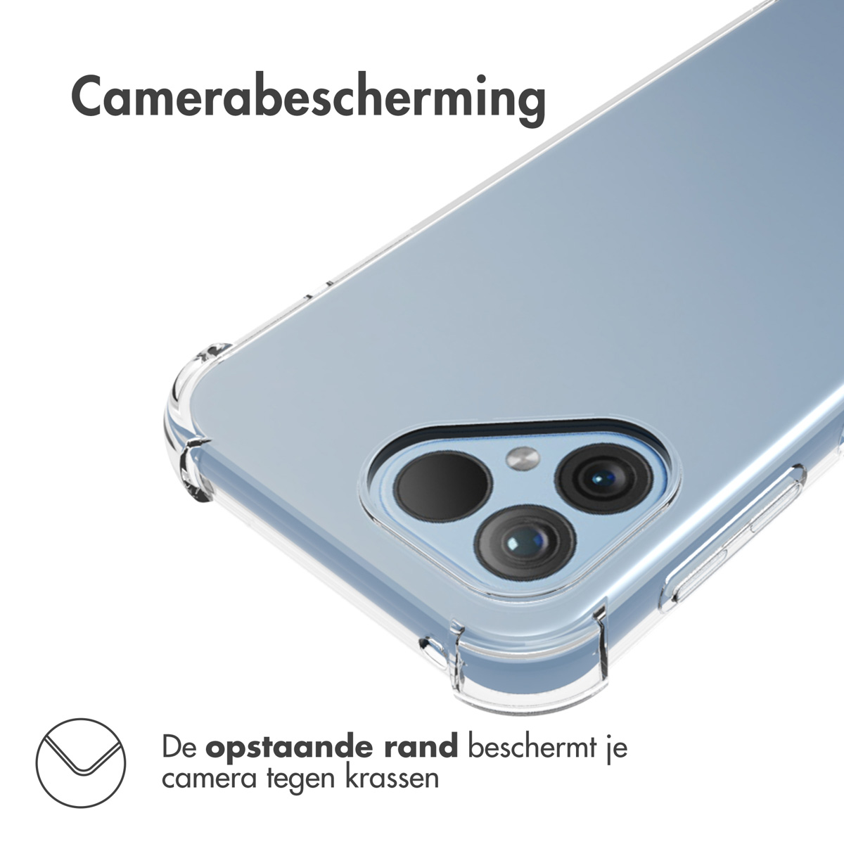 Transparente Handyhülle mit Kameraschutz. Text: Der erhöhte Rand schützt Ihre Kamera.