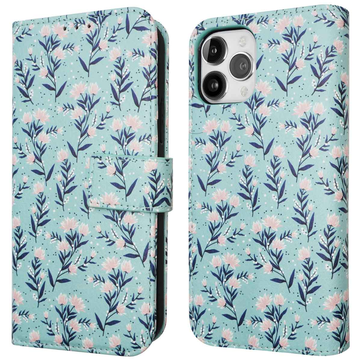 Telefoonhoes met bloemenpatroon, opengeklapt. De telefoon zit erin. De hoes is lichtblauw met roze bloemen.