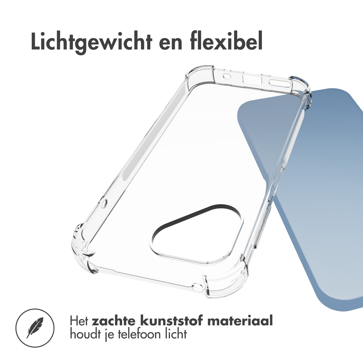 Transparente Handyhülle auf blauem Telefon. Text betont leichtes und flexibles Material.