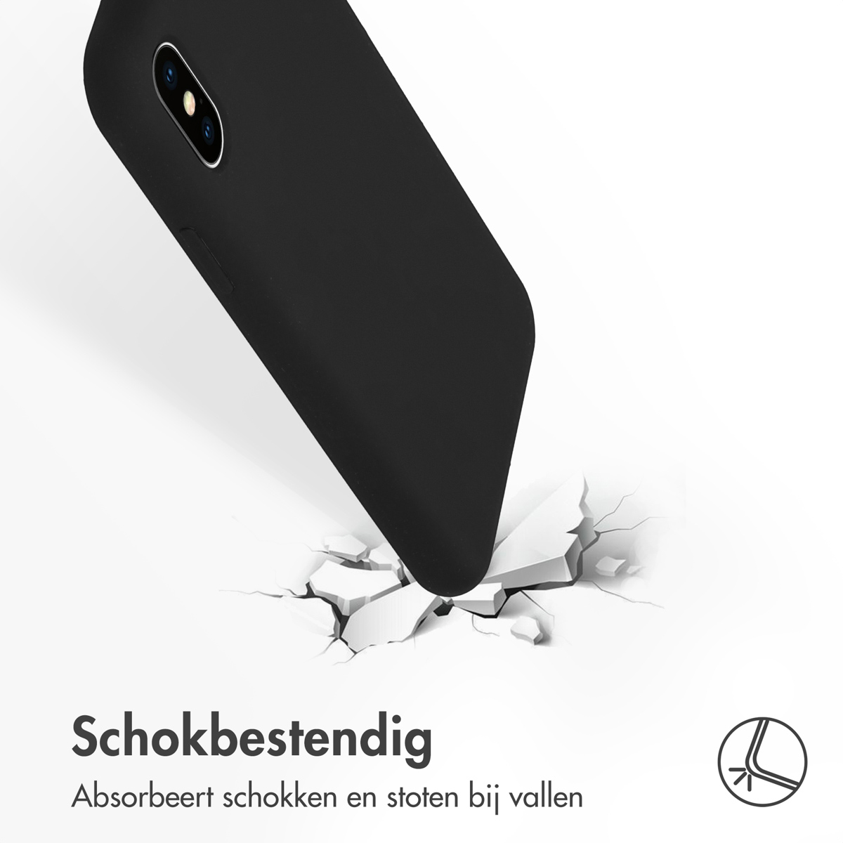 Schwarze Handyhülle fällt auf eine zerbrochene Oberfläche. Text: Stoßfest, absorbiert Stöße und Stöße.
