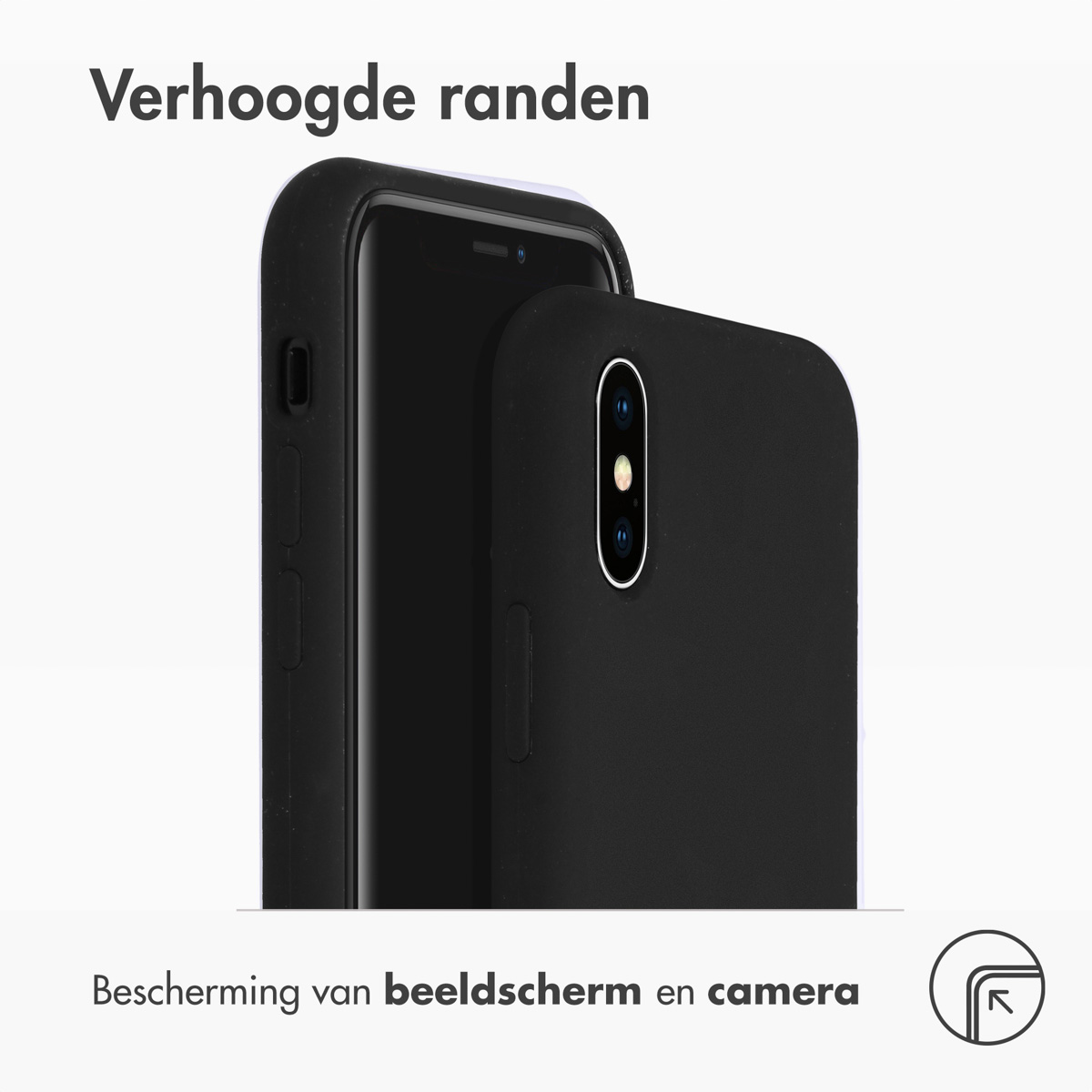 Schwarze Handyhülle mit Telefon. Text besagt, dass es Bildschirm und Kamera schützt.