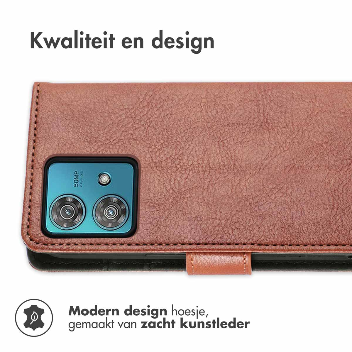 Bruin kunstlederen telefoonhoesje met dubbele lens en 50MP opdruk.
