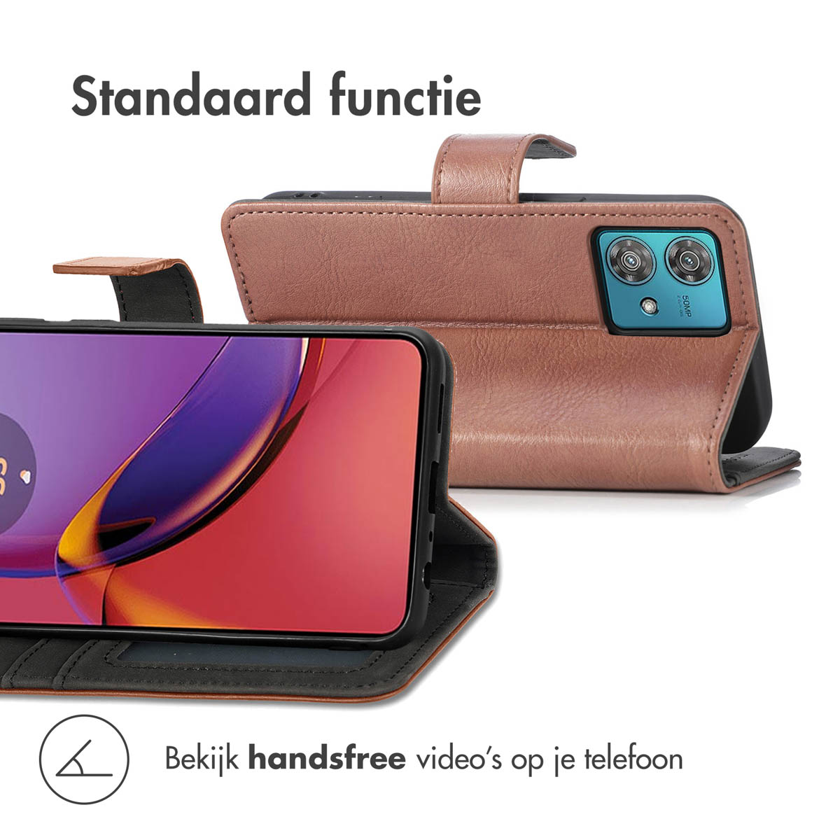 Bruine leren flipcase met telefoon, camera en standaardfunctie.