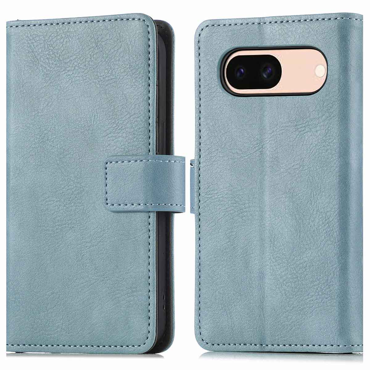 Coque de téléphone bleu clair. Le téléphone est à l'intérieur, montrant la caméra.