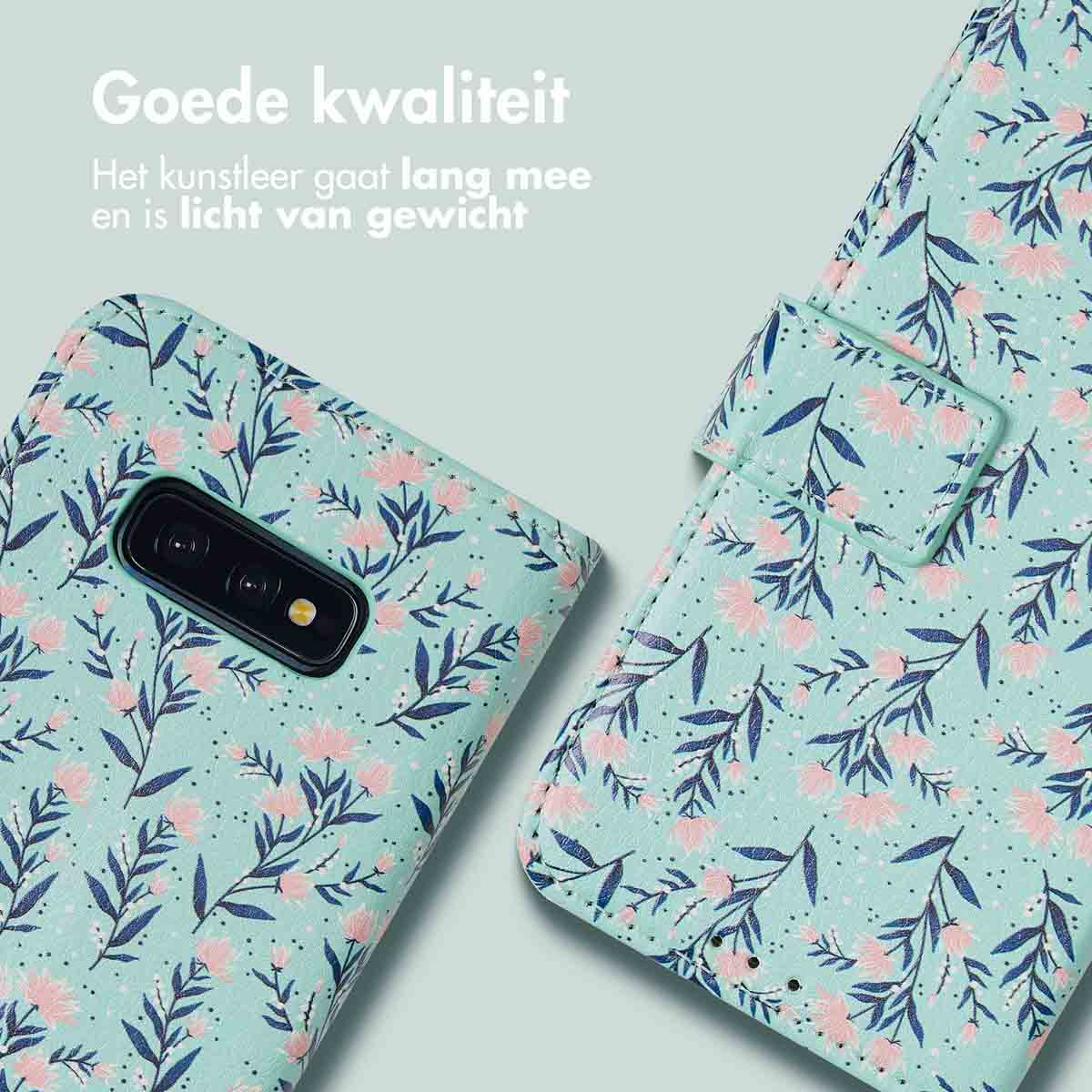 Coque de téléphone, motif floral, couleurs vert menthe et rose, ouverte. Texte : Bonne qualité, léger.