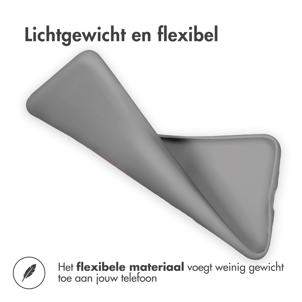 Graue Handyhülle gebogen. Text lautet: „Leicht und flexibel“. Das Material wiegt dein Handy kaum.
