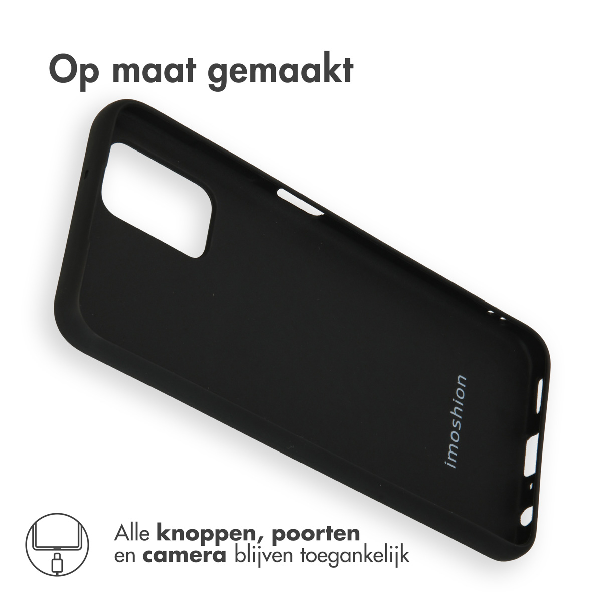 Zwarte telefoonhoes met uitsparingen voor camera en poorten. Imoshion logo.