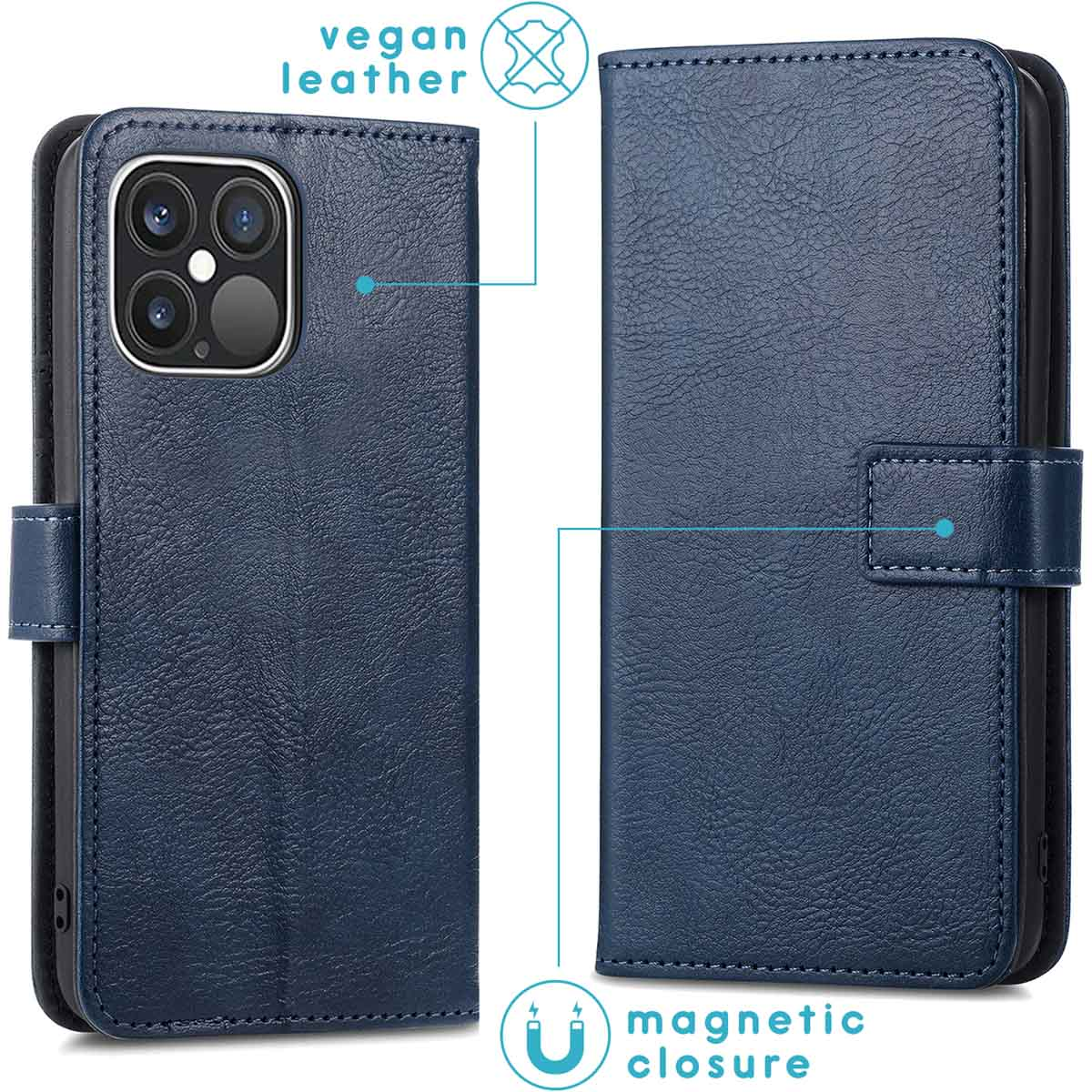 Donkerblauwe vegan lederen telefoonhoes met magneetsluiting.