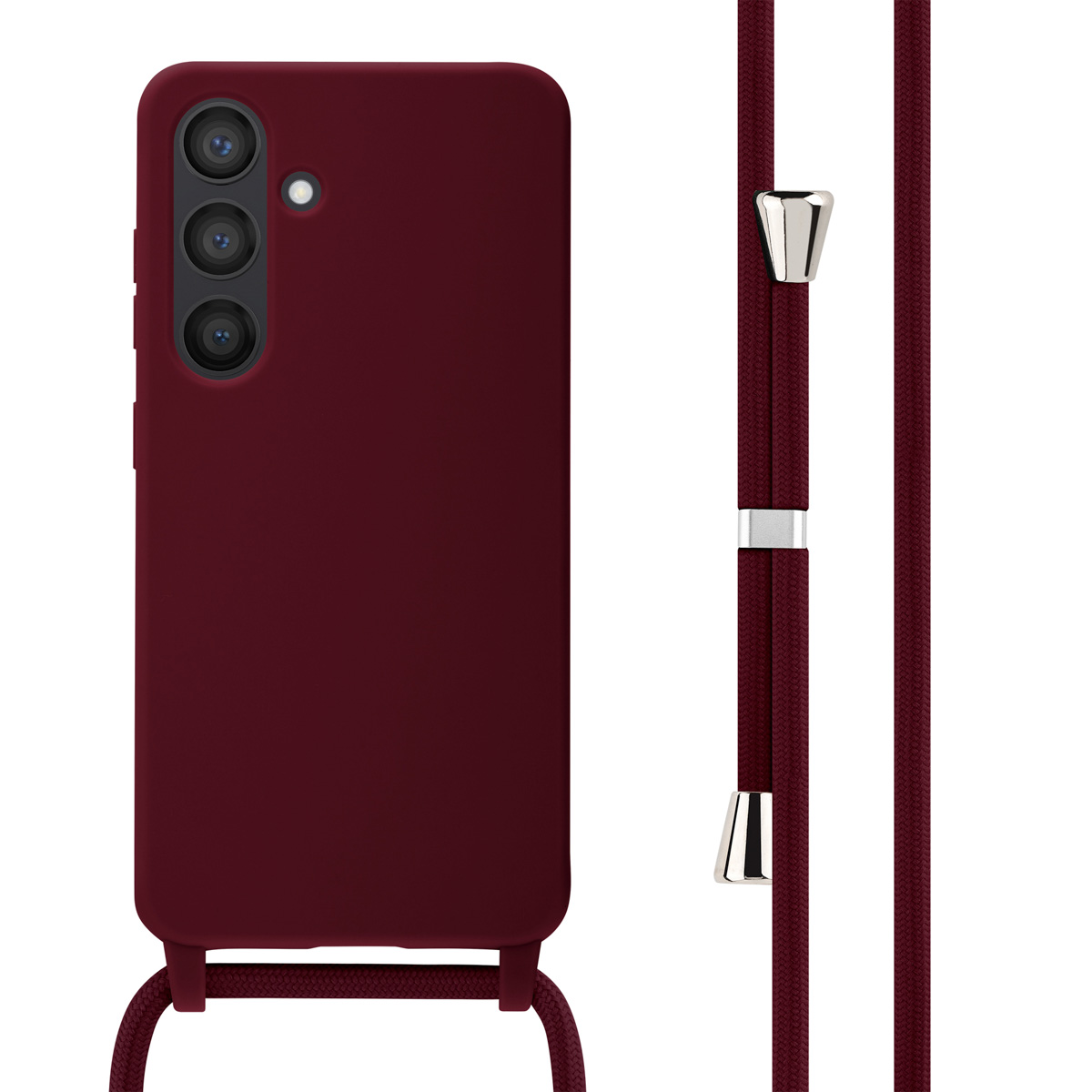 Bordeaux telefoonhoes met bevestigd koord. Telefoon heeft 3 camera's. Koord is bordeaux met zilveren accenten.