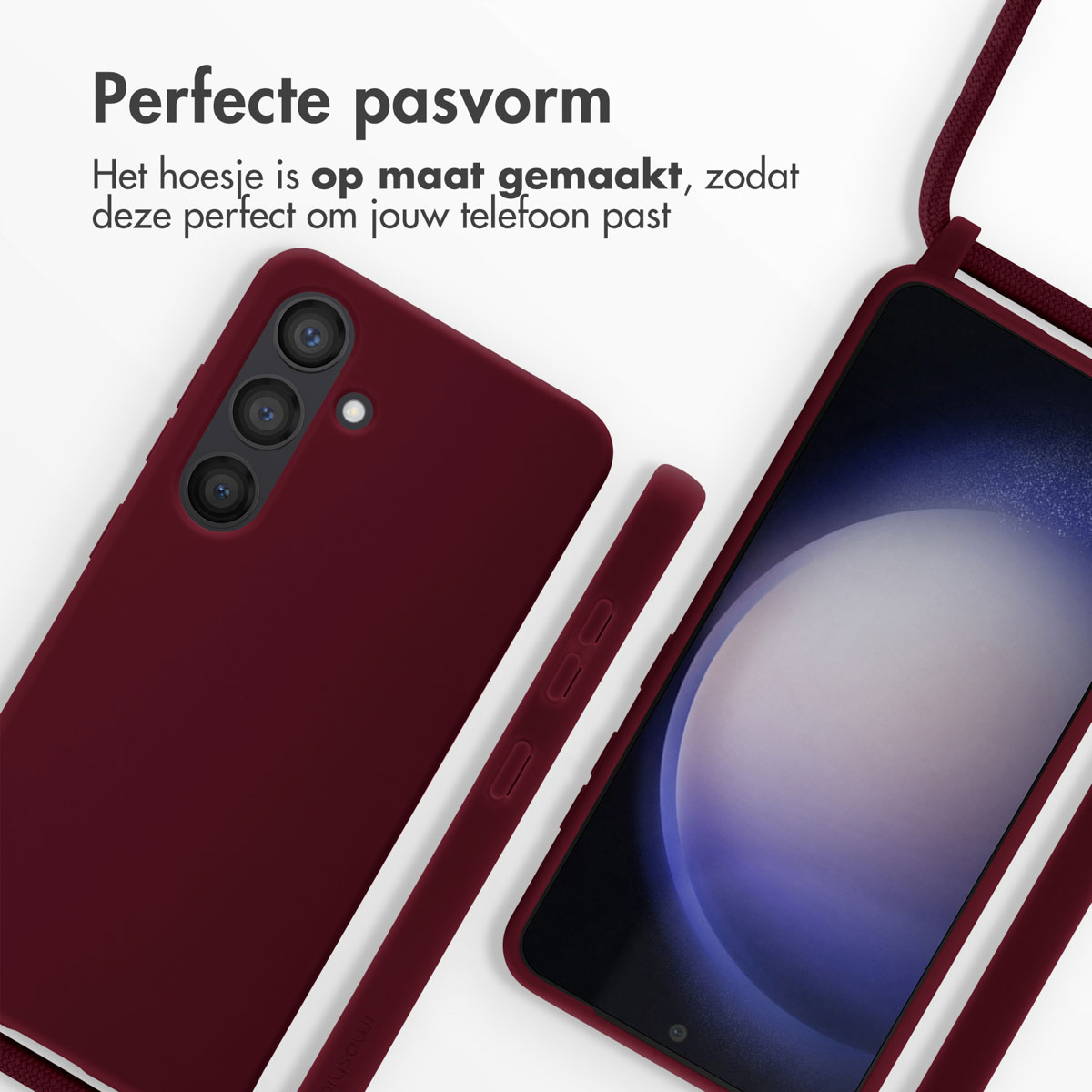Bordeauxrode telefoonhoes met koord en telefoonscherm. Tekst: Perfecte pasvorm.