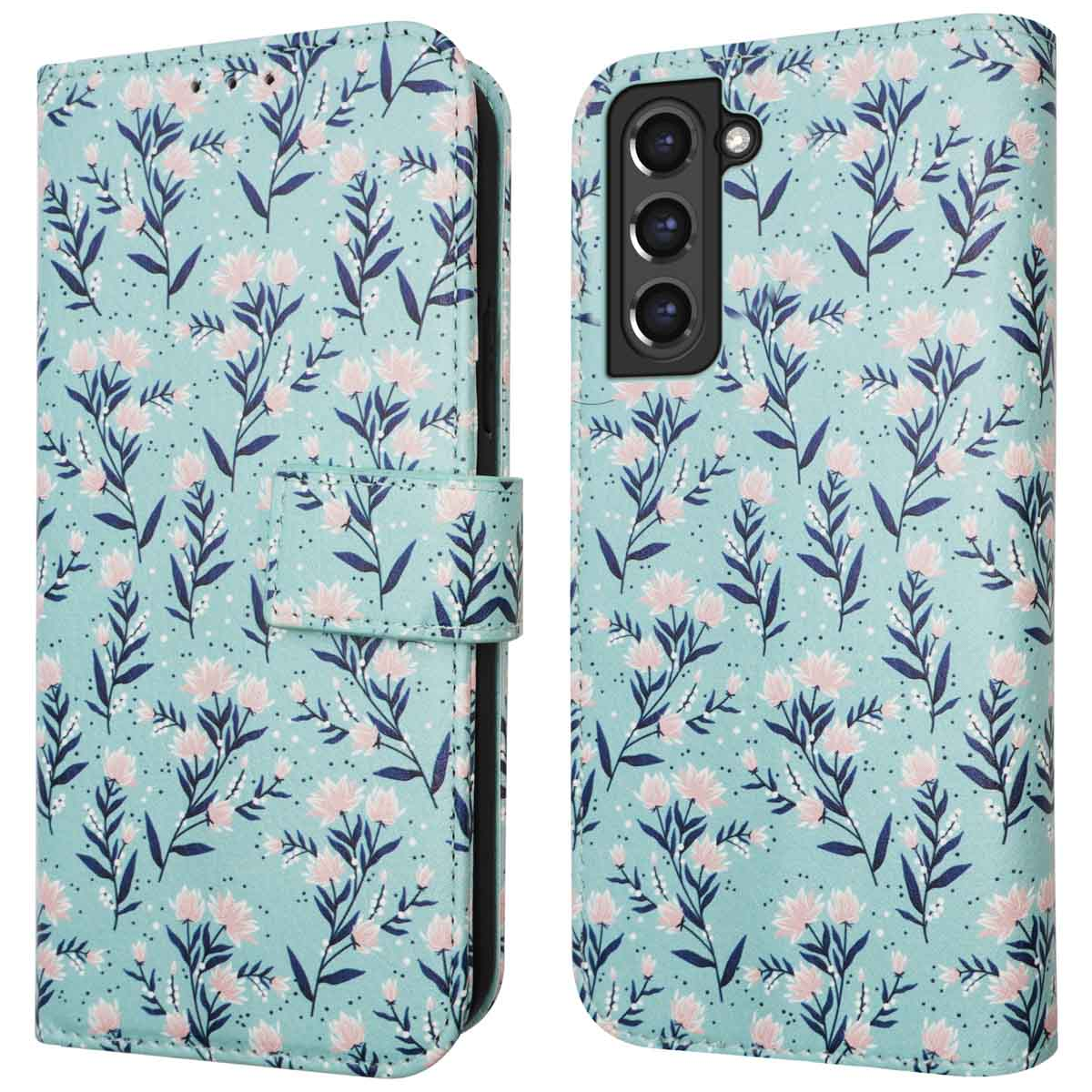 Étui de téléphone bleu-vert avec motif floral. Fermeture magnétique, ouvert pour montrer le téléphone.