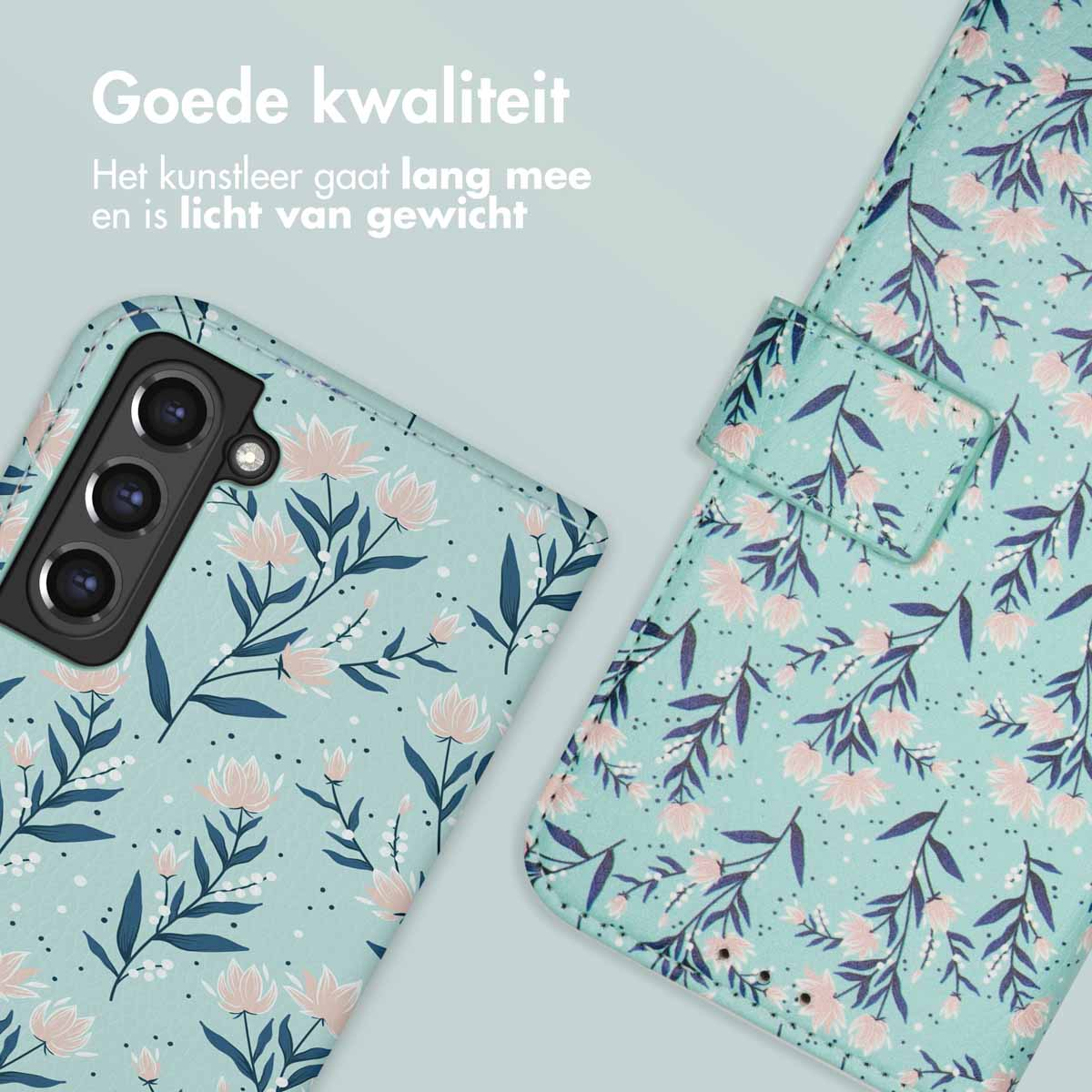 Une coque de téléphone vert menthe à motif floral et module caméra.