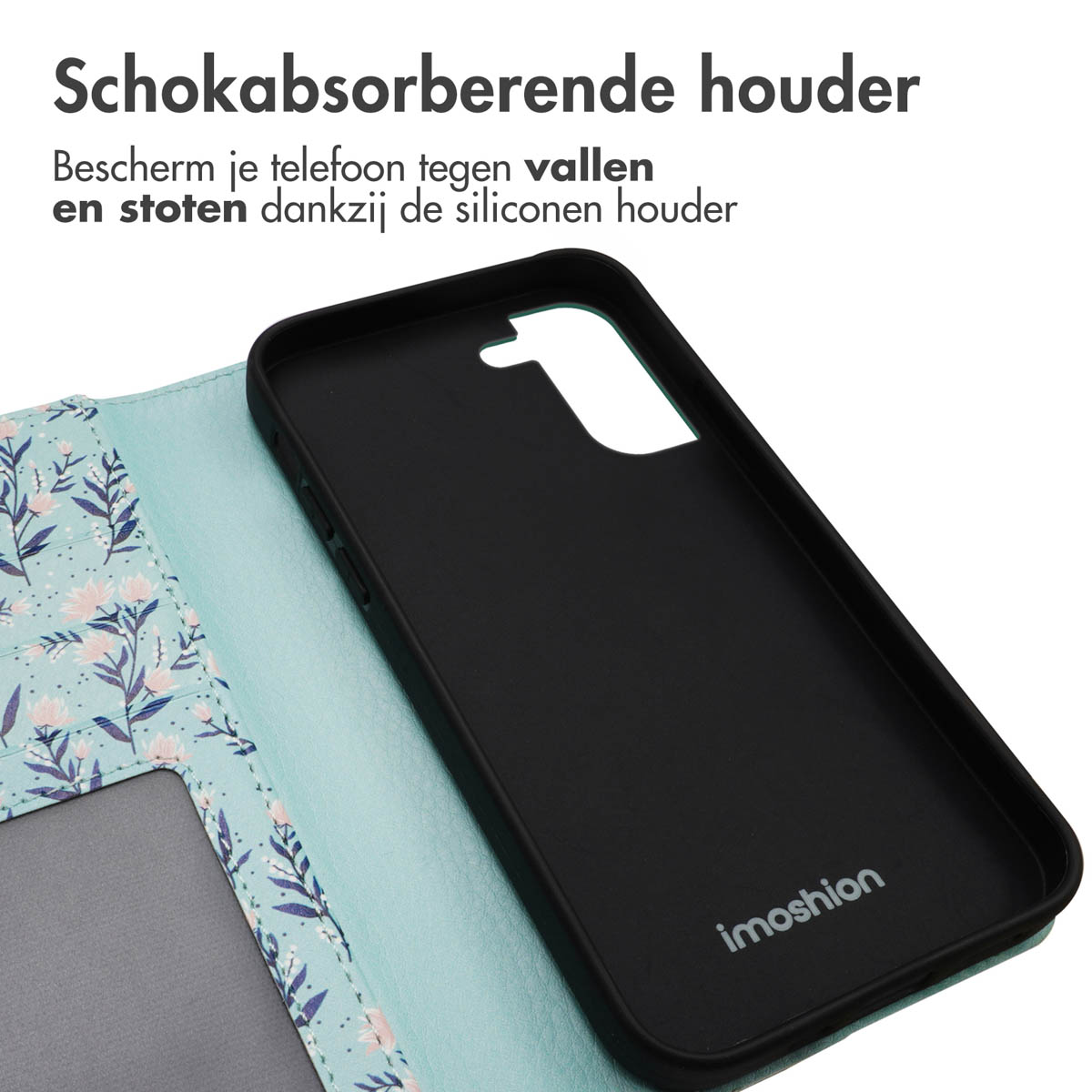 Coque de téléphone noire avec motif floral à l'intérieur.