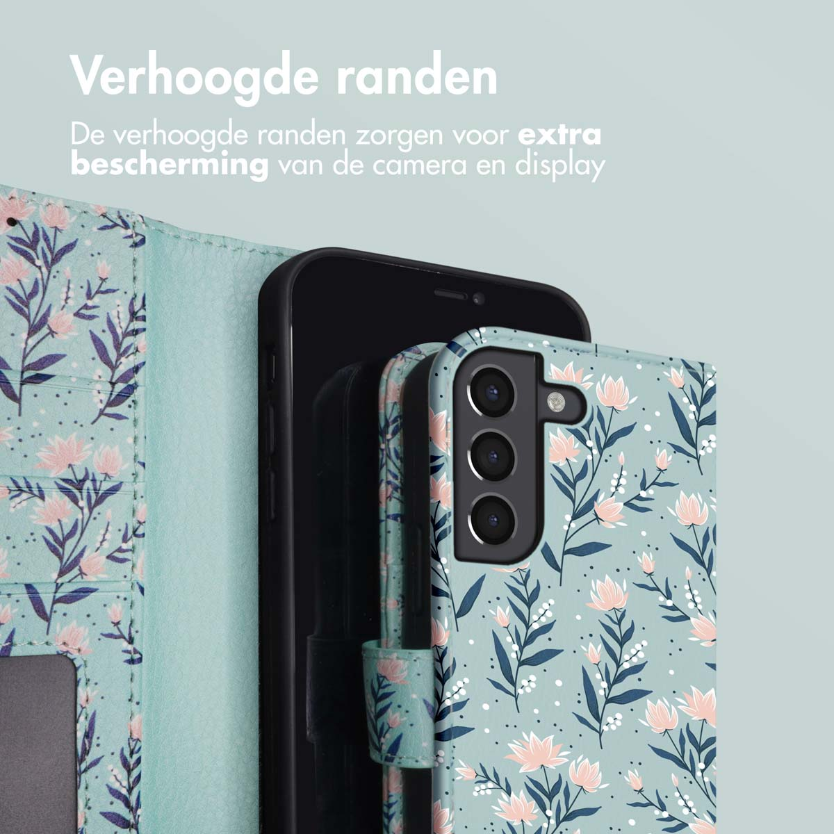 Un téléphone avec un étui à motif floral. Les bords surélevés protègent l'appareil photo et l'écran.