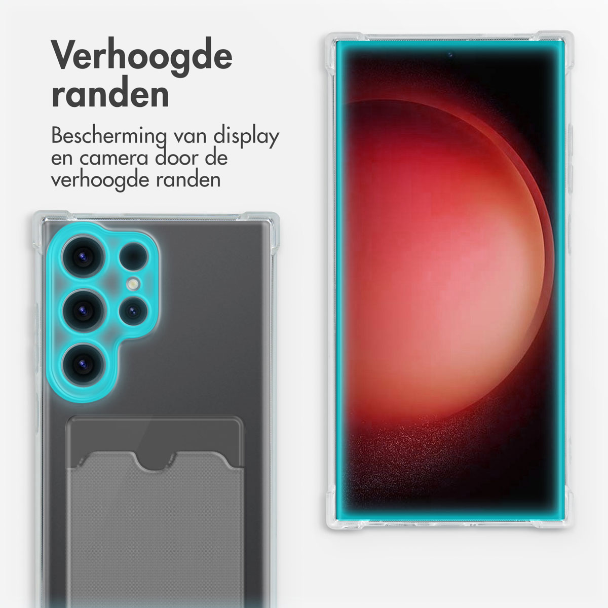 Coque transparente avec bords surélevés. Texte: Bords surélevés, protection de l'écran et de la caméra.