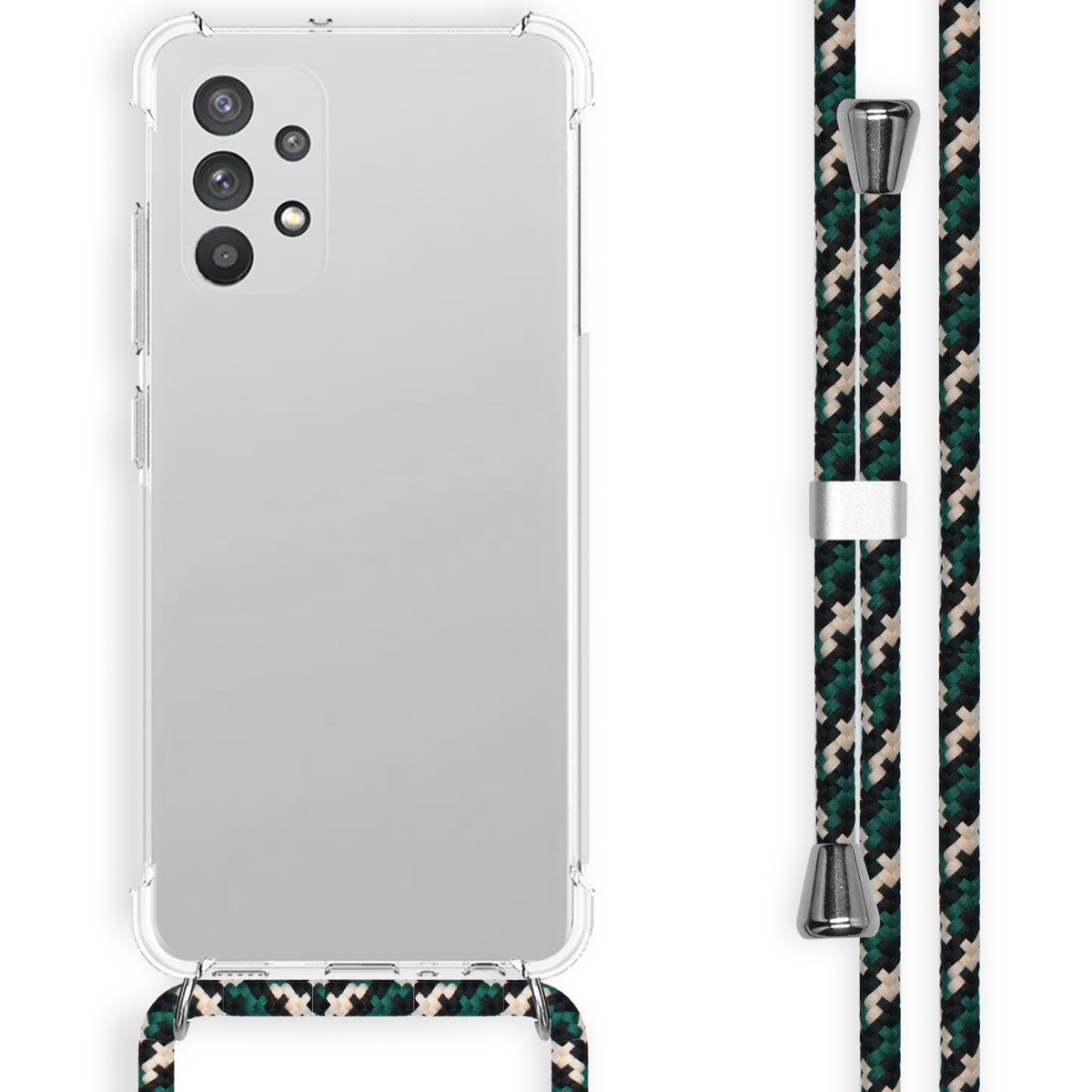 Transparant telefoonhoesje met een groen, zwart en wit koord. De telefoon heeft camera's.