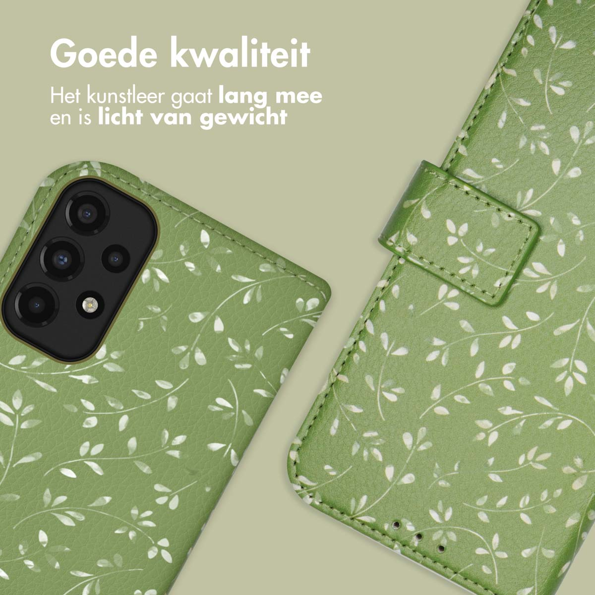Grüne Handyhülle mit Blattmuster und Text.