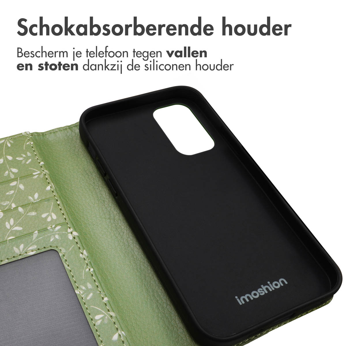 Ein grünes Handycover mit Blattmuster und schwarzer Innenseite.