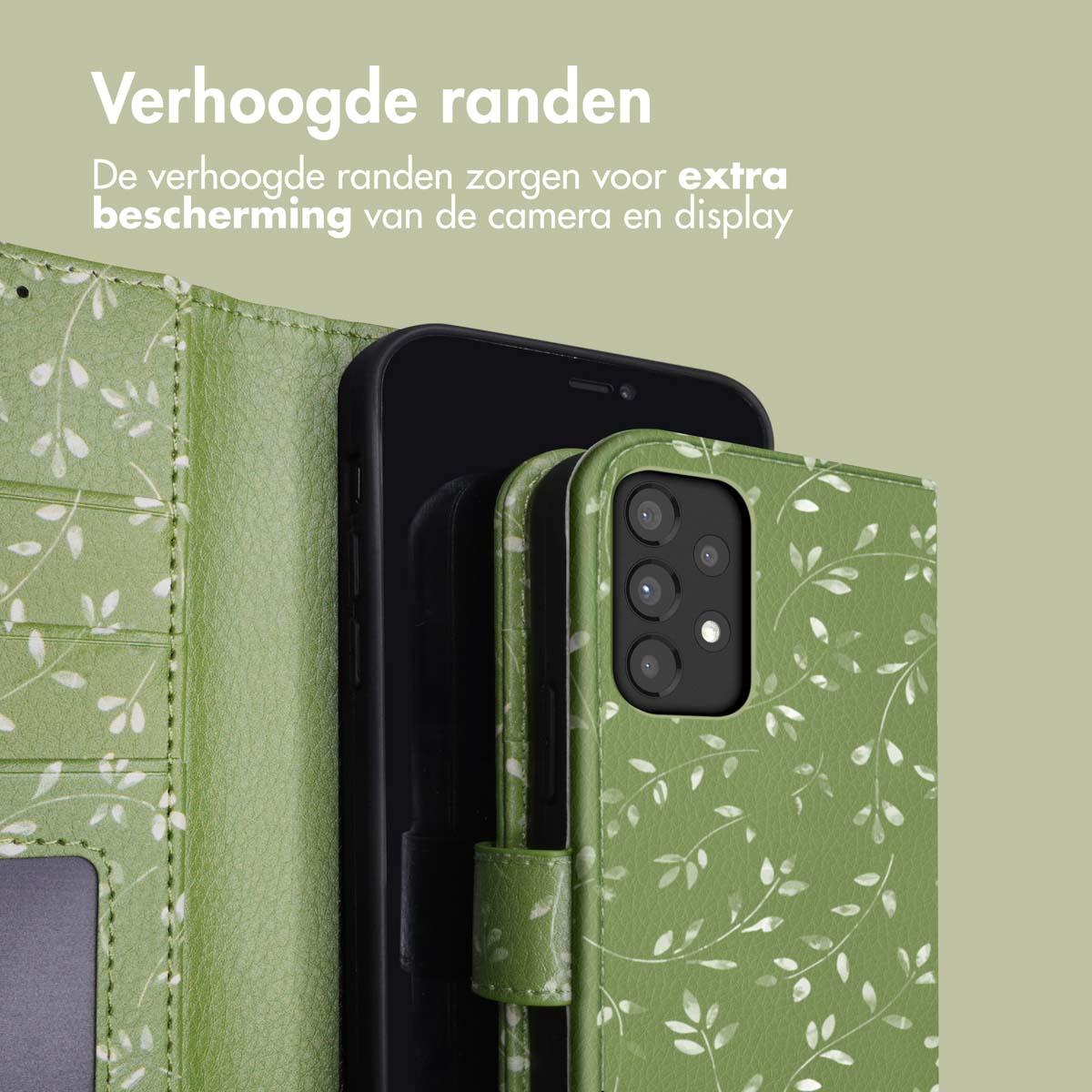 Grünes Handycover mit Blattmuster und drei Kameralinsen.