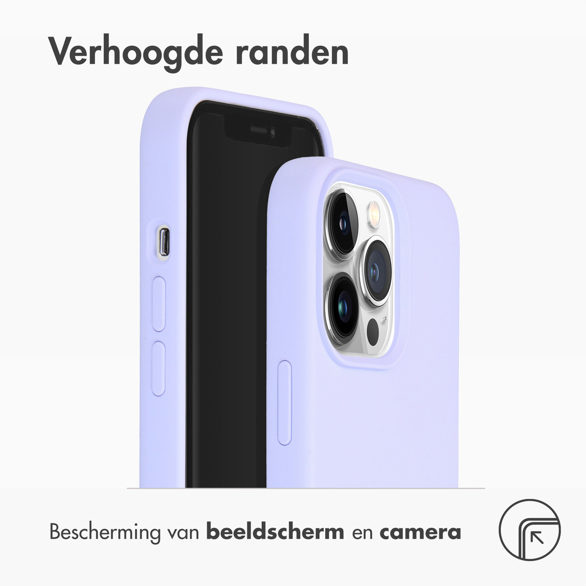 Twee telefoons in lavendelkleurige hoesjes. Telefoons hebben zwarte schermen. Rechter telefoon heeft camera.