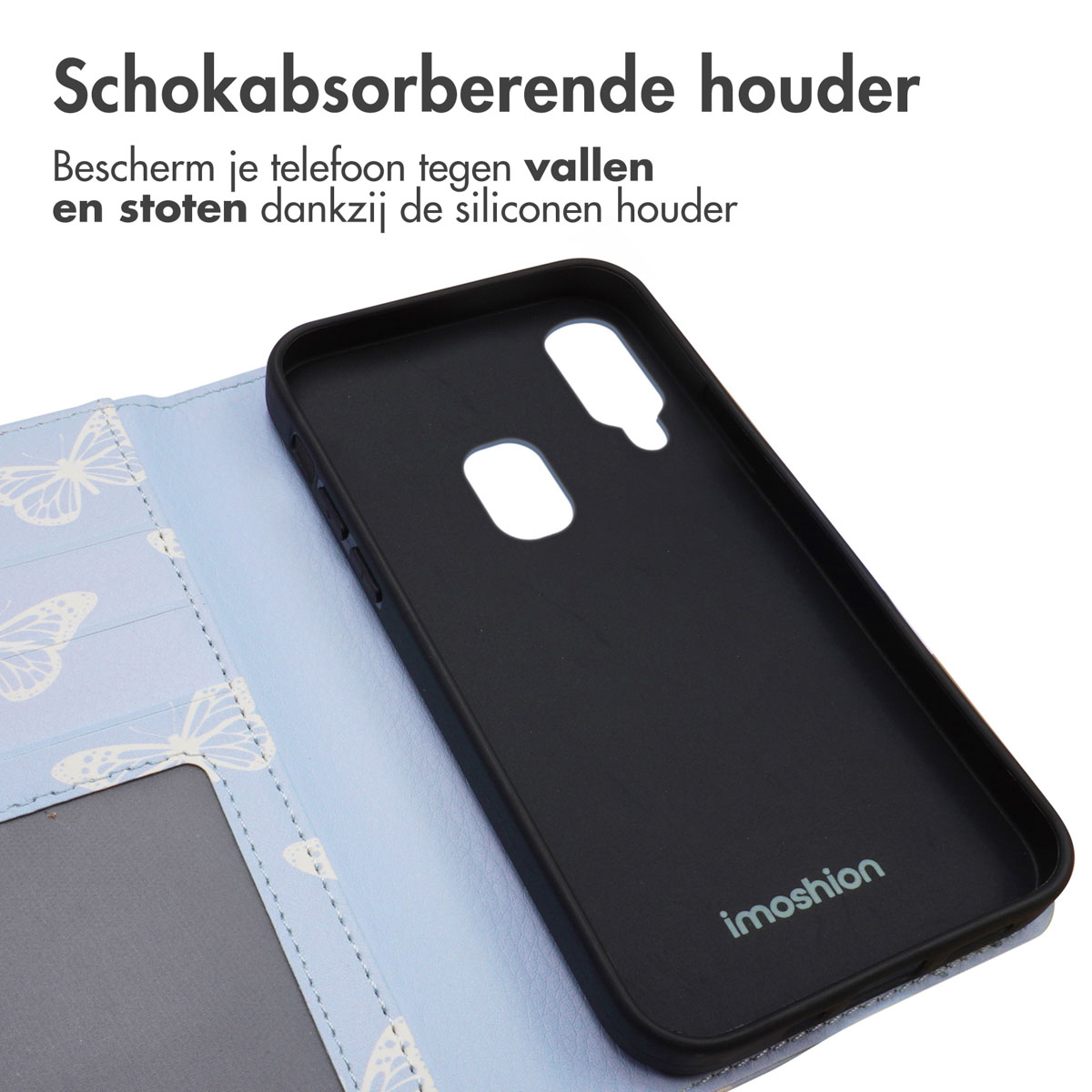 Zwarte telefoonhoes met vlinderpatroon, open.